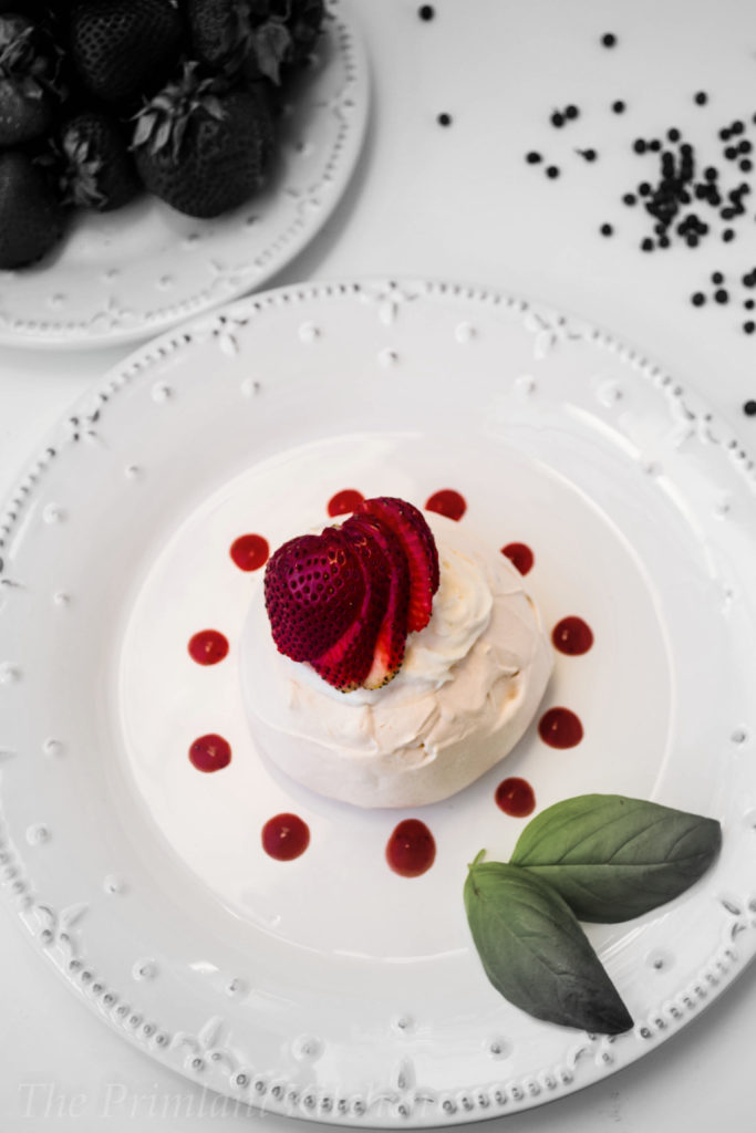 For the Love of Meringue: Pink Peppercorn Pavlova with Strawberry Coulis & Basil Syrup!